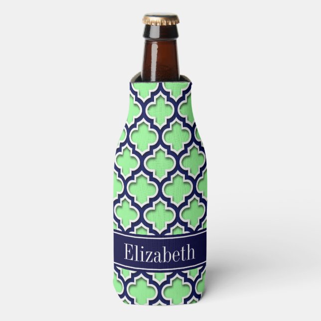 Rafraîchisseur Pour Bouteille Mint Green, Navy Moroccan #5DS Navy Name Monogram (Bottle Devant)