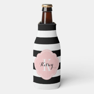 Rafraîchisseur Pour Bouteille Monogramme à rayures de preppy noir et rose