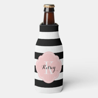 Rafraîchisseur Pour Bouteille Monogramme à rayures de preppy noir et rose