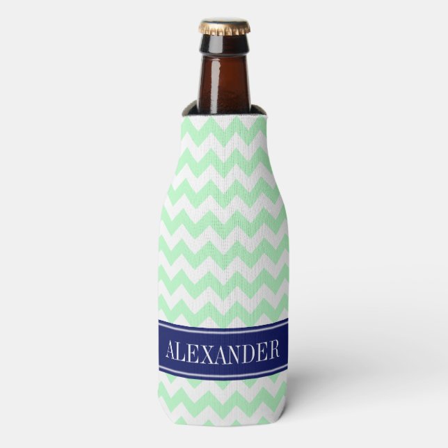 Rafraîchisseur Pour Bouteille Monogramme Blanc de Menthe Chevron Navy (Bottle Devant)