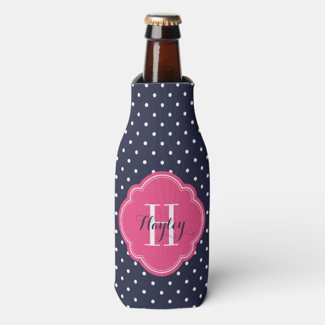 Rafraîchisseur Pour Bouteille Monogramme bleu marine et Pois rose (Bottle Devant)