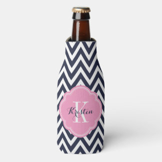Rafraîchisseur Pour Bouteille Monogramme bleu marine et rose Chevron
