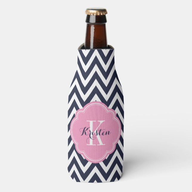 Rafraîchisseur Pour Bouteille Monogramme bleu marine et rose Chevron (Bottle Devant)