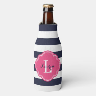 Rafraîchisseur Pour Bouteille Monogramme bleu marine et rose de bandes Preppy