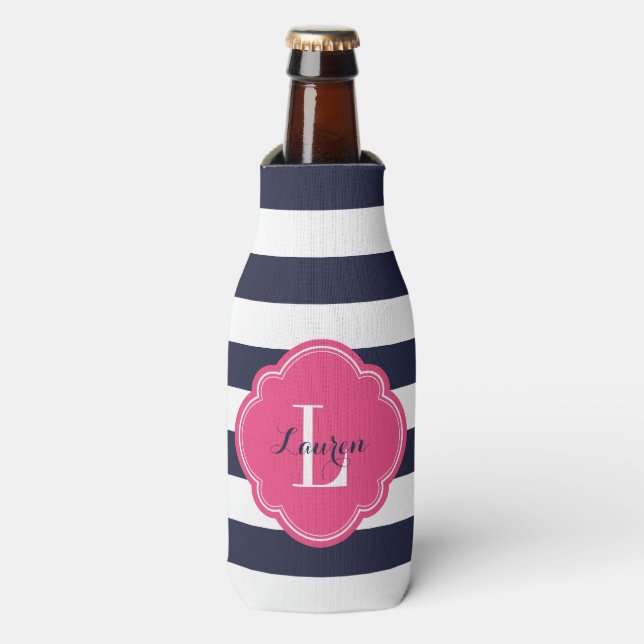 Rafraîchisseur Pour Bouteille Monogramme bleu marine et rose de bandes Preppy (Bottle Devant)
