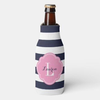 Rafraîchisseur Pour Bouteille Monogramme bleu marine et rose de bandes Preppy