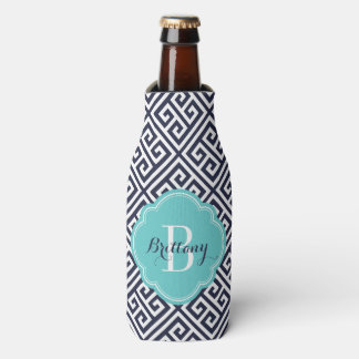 Rafraîchisseur Pour Bouteille Monogramme clé grecque bleu marine et turquoise