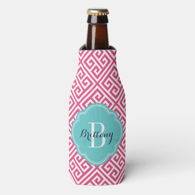 Rafraîchisseur Pour Bouteille Monogramme de clé grecque rose et turquoise chaud (Bottle Devant)