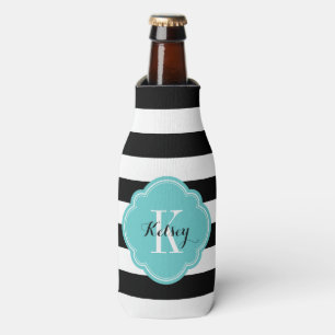 Rafraîchisseur Pour Bouteille Monogramme de rayures Preppy noir et turquoise
