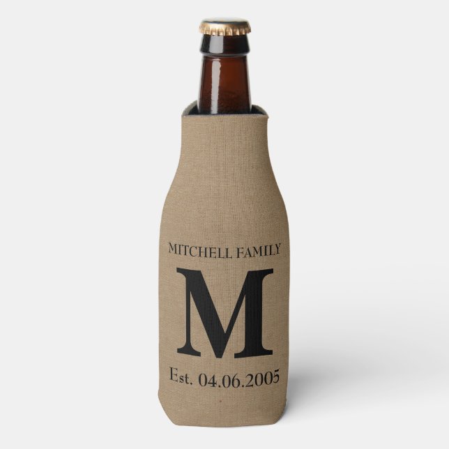 Rafraîchisseur Pour Bouteille Monogramme faux lin burlap rustique mariage initia (Bottle Devant)