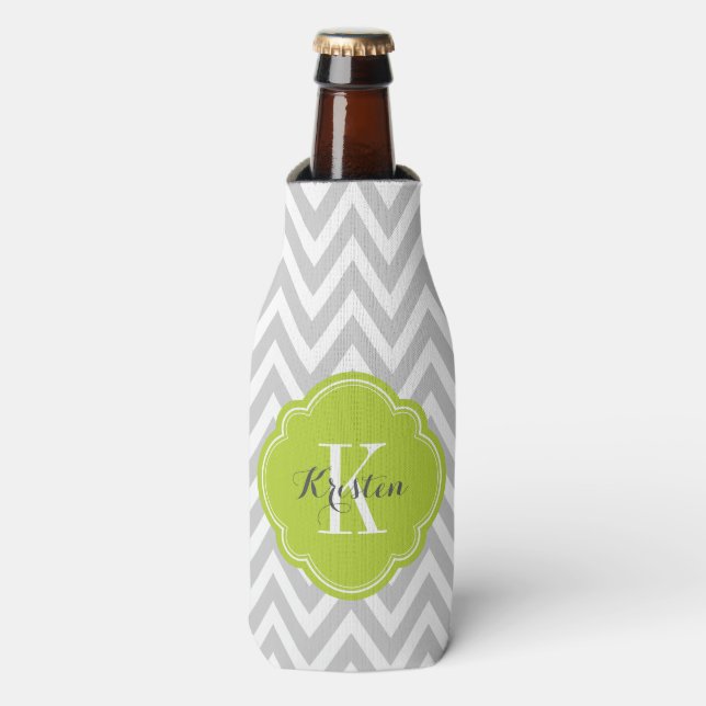 Rafraîchisseur Pour Bouteille Monogramme gris et vert de Chevron (Bottle Devant)