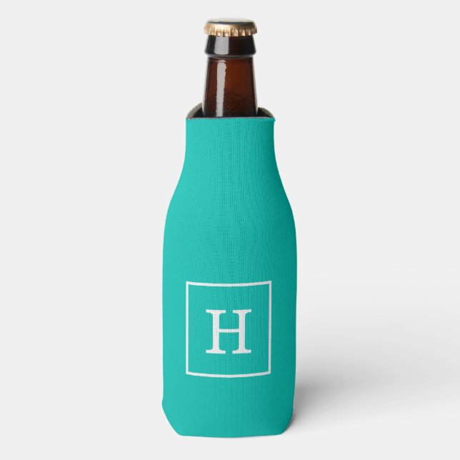 Rafraîchisseur Pour Bouteille Monogramme initial encadré blanc sarcelle (Bottle Devant)