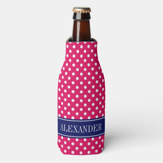 Rafraîchisseur Pour Bouteille Monogramme Navy Blanc à pois framboise (Bottle Devant)