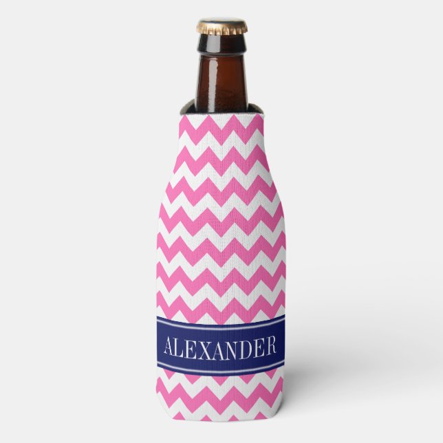 Rafraîchisseur Pour Bouteille Monogramme Navy Nom Chevron Blanc Rose Chaud (Bottle Devant)