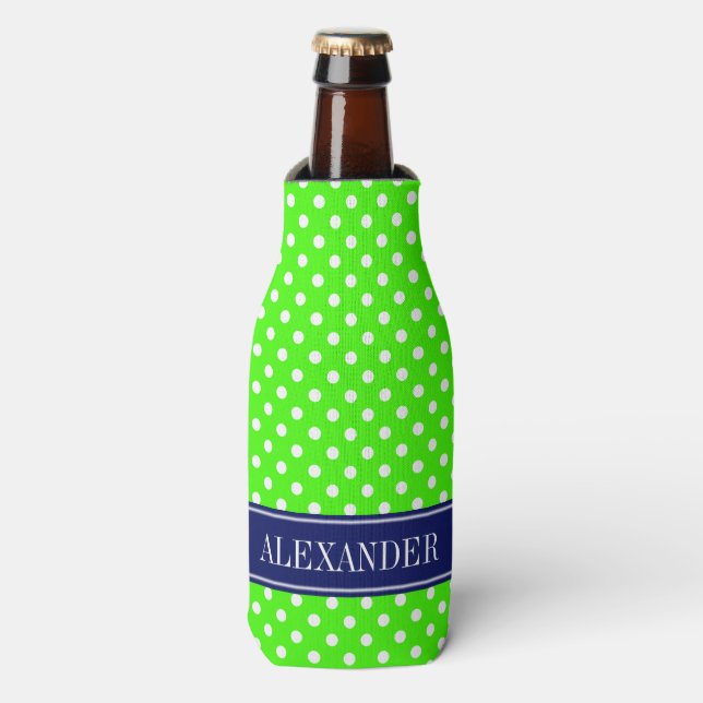 Rafraîchisseur Pour Bouteille Monogramme Nom Navy Blanc Polka Dots Vert Citron (Bottle Devant)