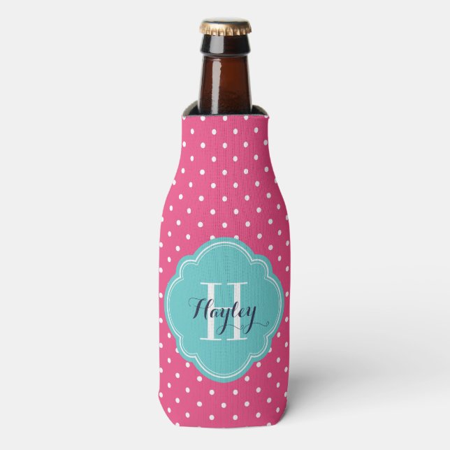 Rafraîchisseur Pour Bouteille Monogramme Pois rose et turquoise chaud (Bottle Devant)