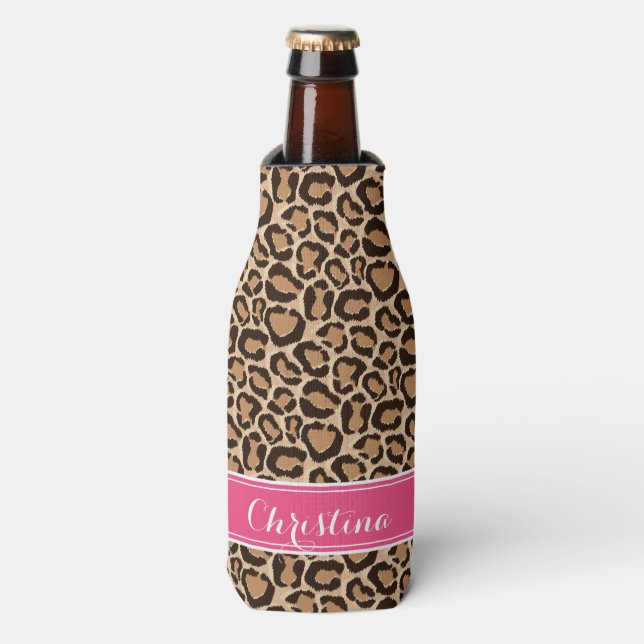 Rafraîchisseur Pour Bouteille Monogramme rose et Empreinte de léopard personnali (Bottle Devant)