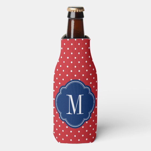 Rafraîchisseur Pour Bouteille Monogramme rouge blanc et bleu Pois (Bottle Devant)