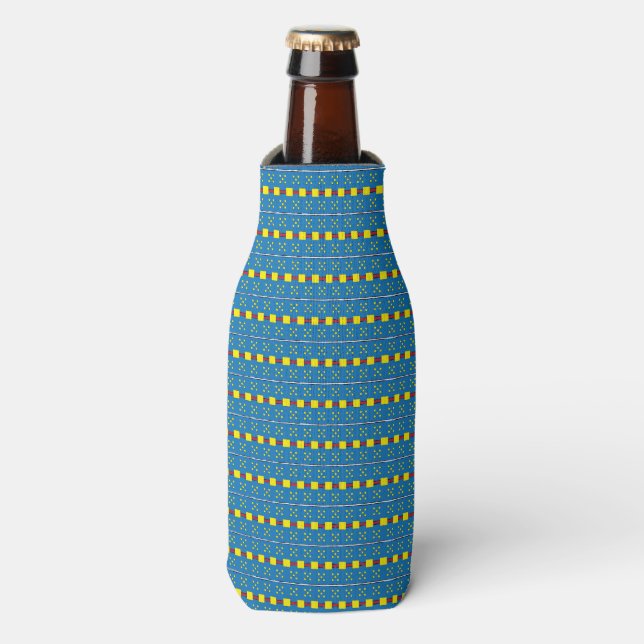 Rafraîchisseur Pour Bouteille Motif d'art populaire géométrique bleu et jaune (Bottle Devant)