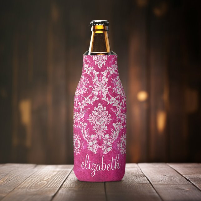 Rafraîchisseur Pour Bouteille Motif de Damas de Grunge rose chaud Monogramme per (Personalized Bottle Cooler - Add Name or Custom Text)