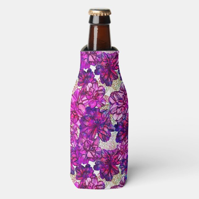 Rafraîchisseur Pour Bouteille Motif De Fleurs Abstraites Roses Et Violettes (Bottle Devant)