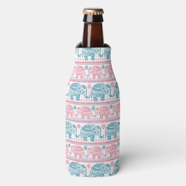Rafraîchisseur Pour Bouteille Motif d'éléphants ethniques rose et Turquoise (Bottle Devant)