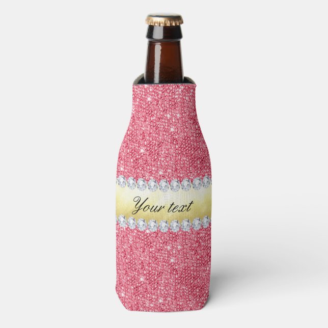 Rafraîchisseur Pour Bouteille Pink Sequins Gold Foil et Diamants (Bottle Devant)