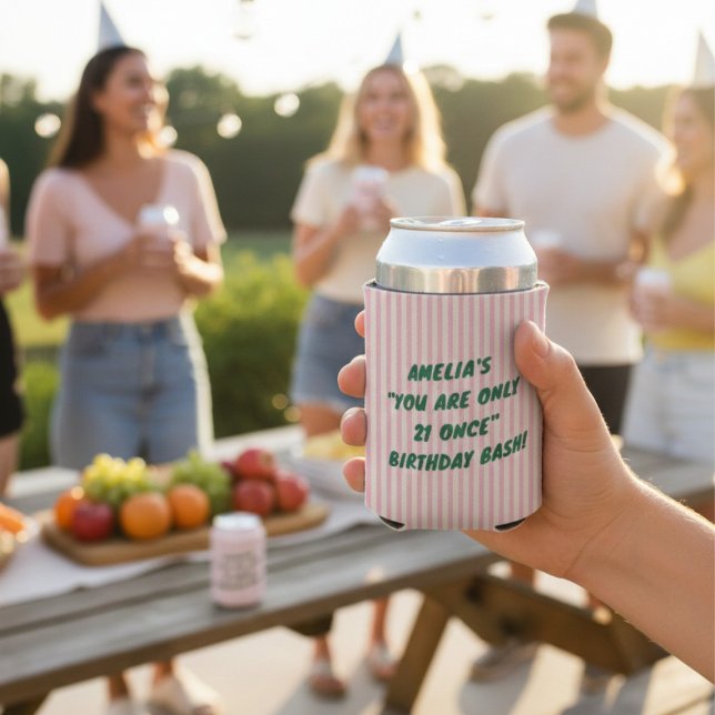 Rafraîchisseur Pour Canette 21st Birthday Bash Pink Green Retro Stripes Party (Créateur téléchargé)