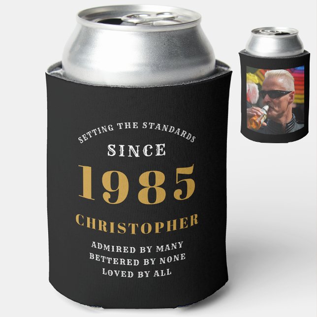 Rafraîchisseur Pour Canette 40e anniversaire Black Gold avec photo (Personalized 40th birthday can cooler with photo)