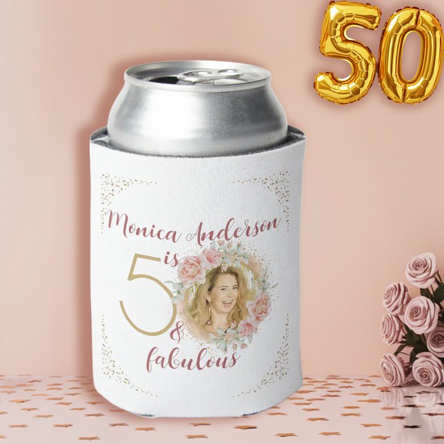 Rafraîchisseur Pour Canette 50 et Fabulous Aquarelle Floral Nom photo (50 and Fabulous Pink Floral Gold Photo Birthday Can Cooler)