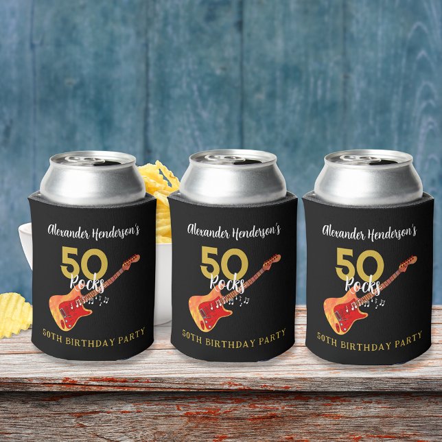 Rafraîchisseur Pour Canette 50 Rocks fête d'anniversaire pour lui (50 rocks 50th birthday party personalized can coolers funky electric guitar black and gold)