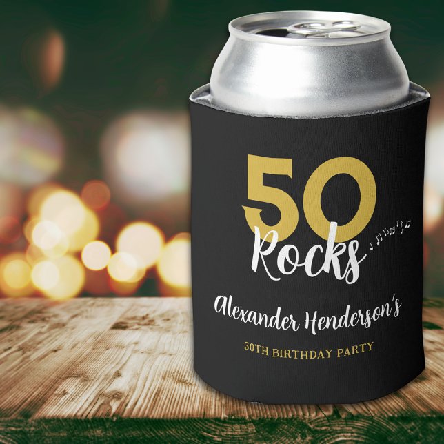 Rafraîchisseur Pour Canette 50e anniversaire 50 Rocks personnalisée (50 Rocks black and gold rock and roll typography musical notes custom 50th birthday party can cooler)