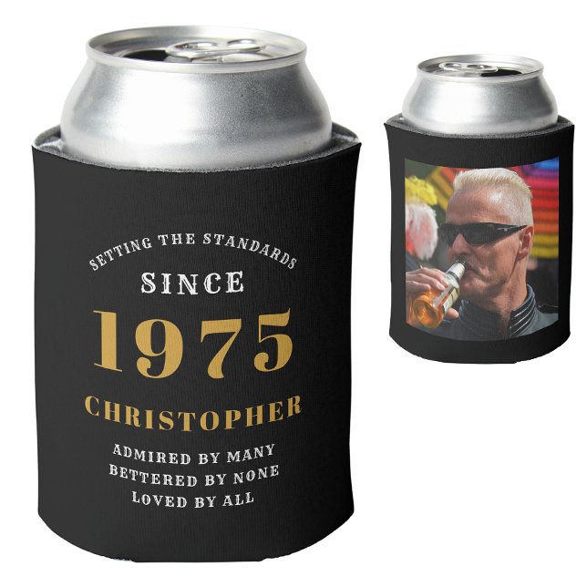 Rafraîchisseur Pour Canette 50e anniversaire Black Gold avec photo (Personalized 50th birthday can cooler with name and photograph)