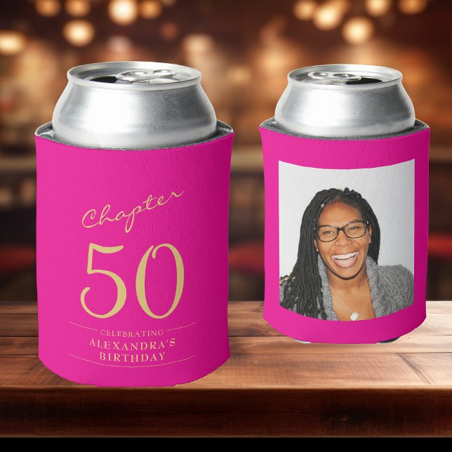 Rafraîchisseur Pour Canette 50e anniversaire Hot Pink Gold Modèle photo (Custom hot pink can coolers on a bar top)