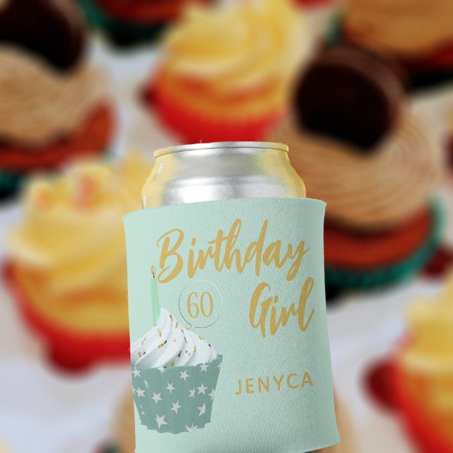 Rafraîchisseur Pour Canette 60e anniversaire fille mignonne Cupcake Vert Can C (Add your name and age to this cute mint green cupcake themed can cooler)