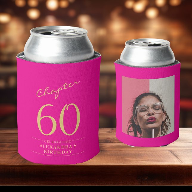 Rafraîchisseur Pour Canette 60e anniversaire Hot Pink Gold Modèle photo (Custom hot pink 60th birthday can coolers on a bar top )