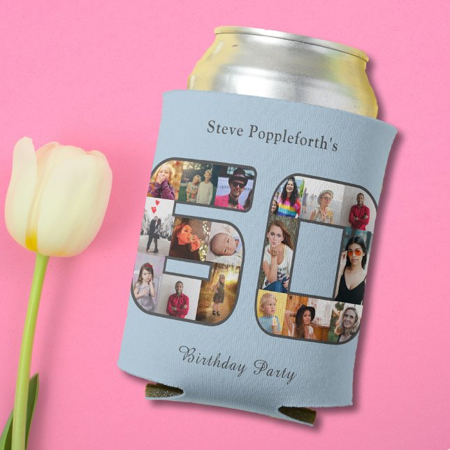 Rafraîchisseur Pour Canette 60e anniversaire Soixante photo Collage Poudre Ble (Light blue 60th birthday can cooler. Unique personalized 60 photo collage template.)