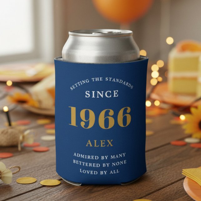 Rafraîchisseur Pour Canette 60th Birthday Name 1966 Blue Gold Elegant Chic (1966 blue can cooler on a wood table.)