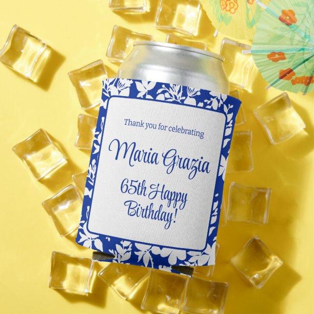 Rafraîchisseur Pour Canette 65e anniversaire Chic Bleu floral blanc (Été in situ)