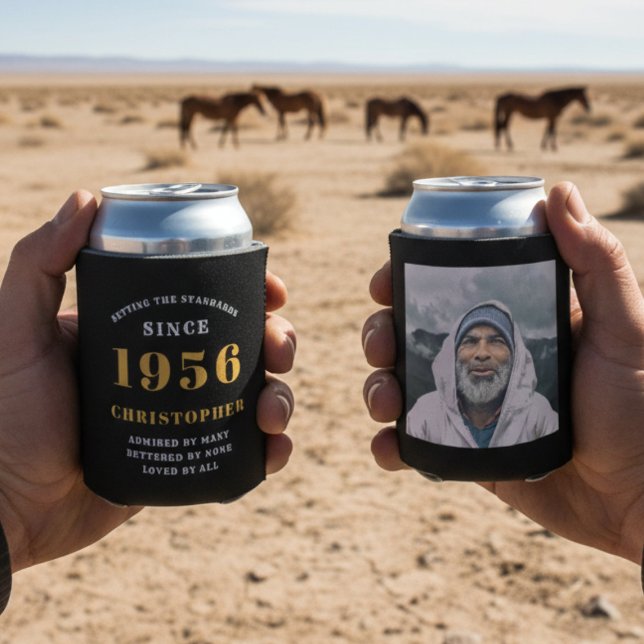 Rafraîchisseur Pour Canette 70e anniversaire Black Gold avec photo (1956 can cooler with desert background)