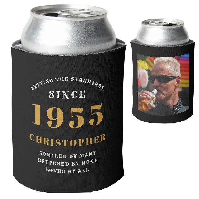 Rafraîchisseur Pour Canette 70e anniversaire Black Gold avec photo (Personalized 70th birthday born 1955 can cooler with name and photograph)