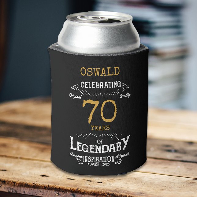 Rafraîchisseur Pour Canette 70e anniversaire Black Gold Legendary Funny (A personalized elegant 70th birthday can cooler that is easy to customize)