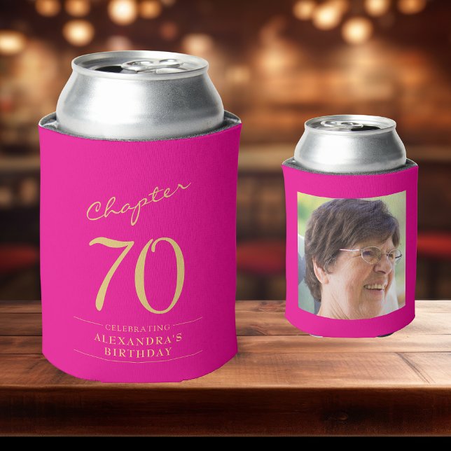 Rafraîchisseur Pour Canette 70e anniversaire Hot Pink Gold Modèle photo (Custom 70th birthday hot pink can coolers on a bar top)