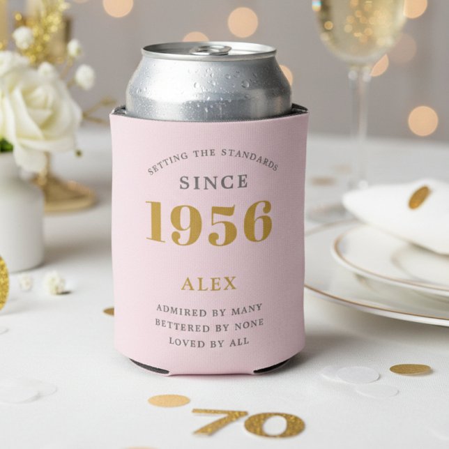 Rafraîchisseur Pour Canette 70th Birthday 1956 Keepsake Elegant Personalized (1956 pink can cooler with white background.)