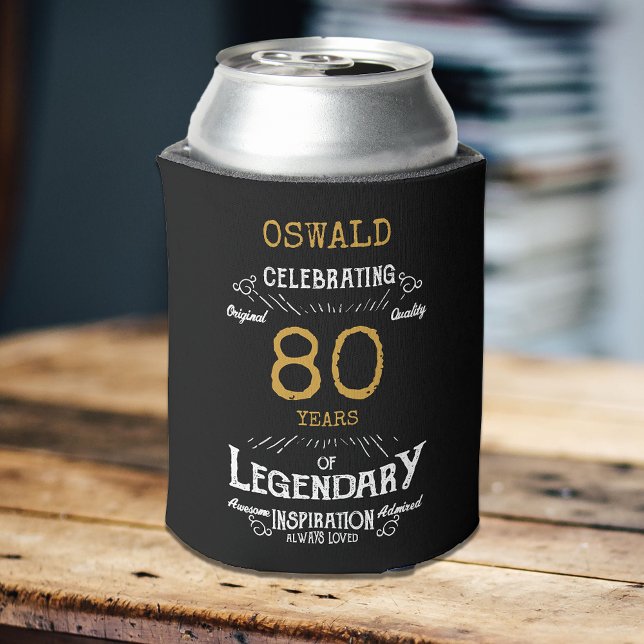 Rafraîchisseur Pour Canette 80e anniversaire Black Gold Legendary Funny (A personalized 80th birthday elegant can cooler )