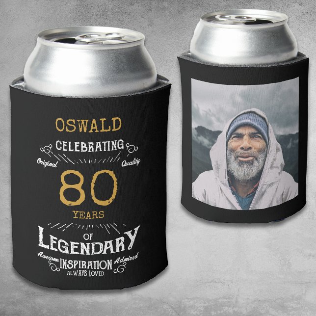 Rafraîchisseur Pour Canette 80e anniversaire Black Gold Legendary Photo (A personalized 80th birthday elegant can cooler that is easy to customize with name, age and photo.)