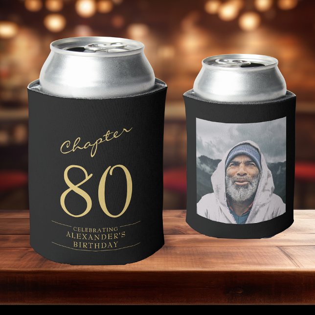 Rafraîchisseur Pour Canette 80e anniversaire Black Gold Photo (80th birthday custom can coolers on a bar)