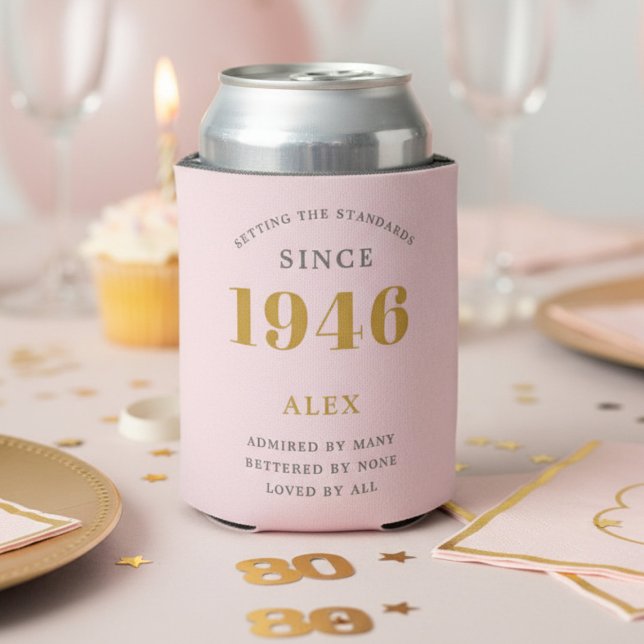 Rafraîchisseur Pour Canette 80th Birthday 1946 Keepsake Elegant Personalized (1946 pink can cooler on a party table.)