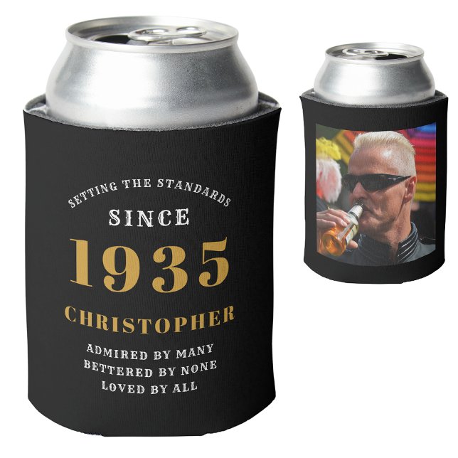 Rafraîchisseur Pour Canette 90e anniversaire Black Gold avec photo (90th birthday personalized can cooler with name and photograph)