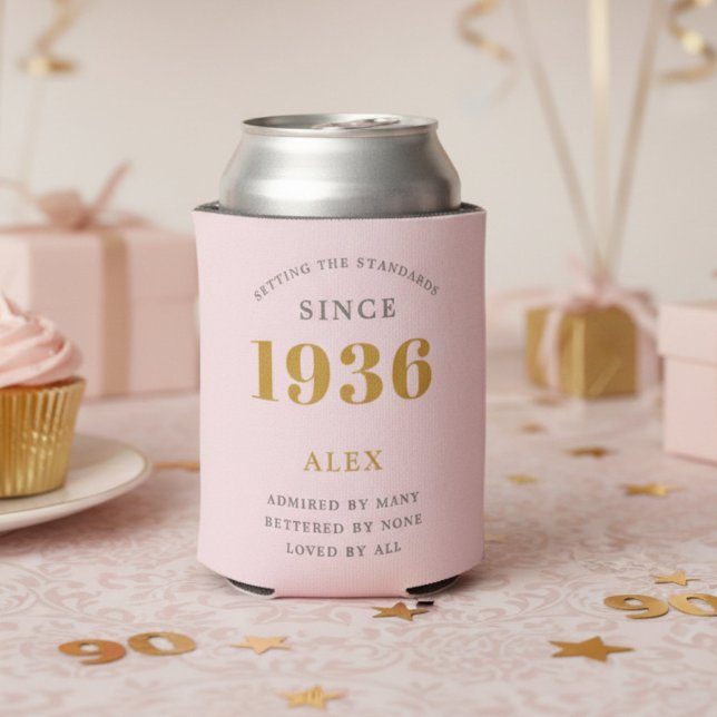 Rafraîchisseur Pour Canette 90th Birthday 1936 Keepsake Elegant Personalized (1936 pink can cooler on a light pink background)